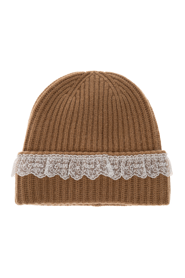 Brown Beanie Hat with Lace Trim Ganni - Vitkac France